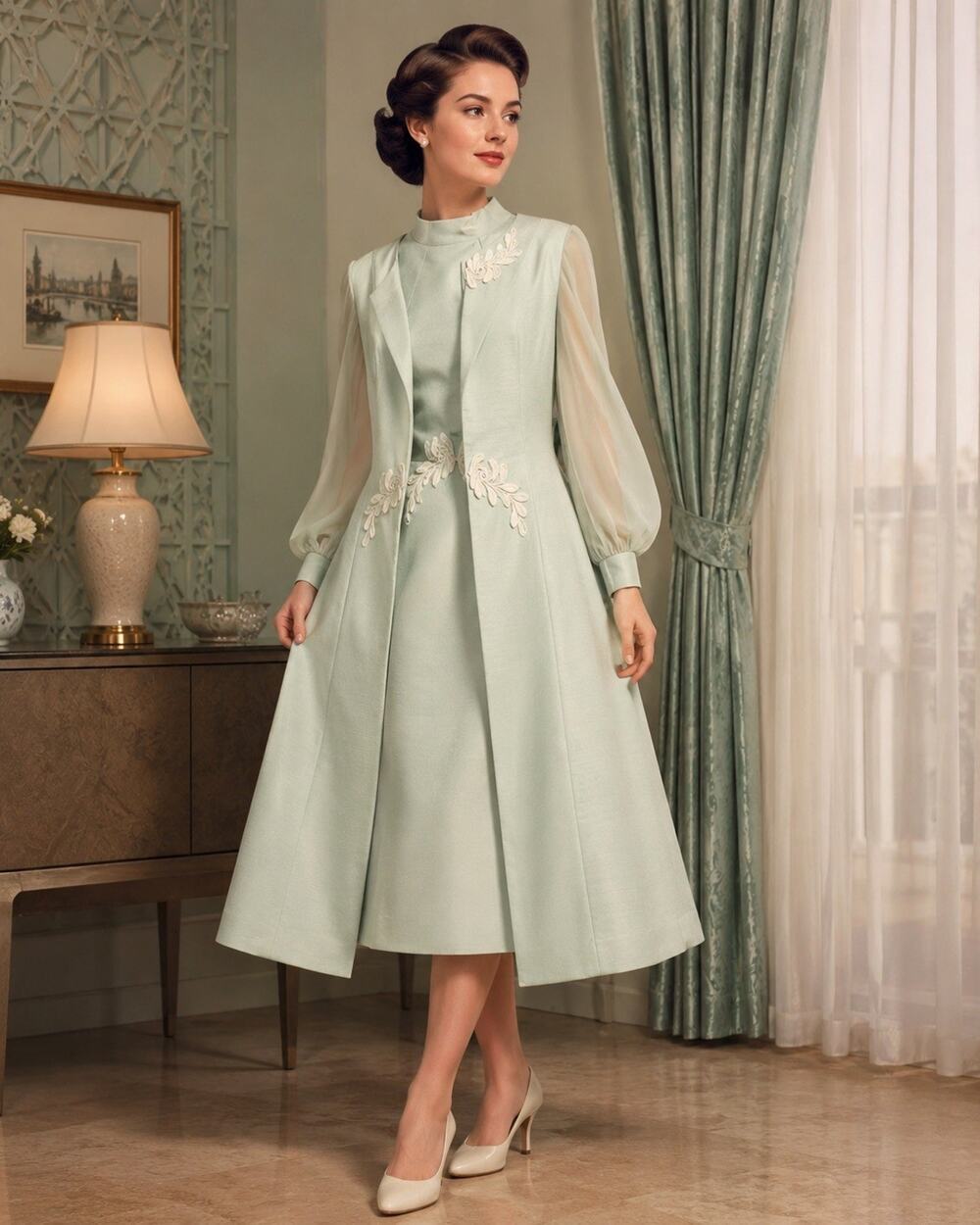 VTG Alfred Werber Green silk Midi Dress High Neck Long Puff Sleeves 2 piece set